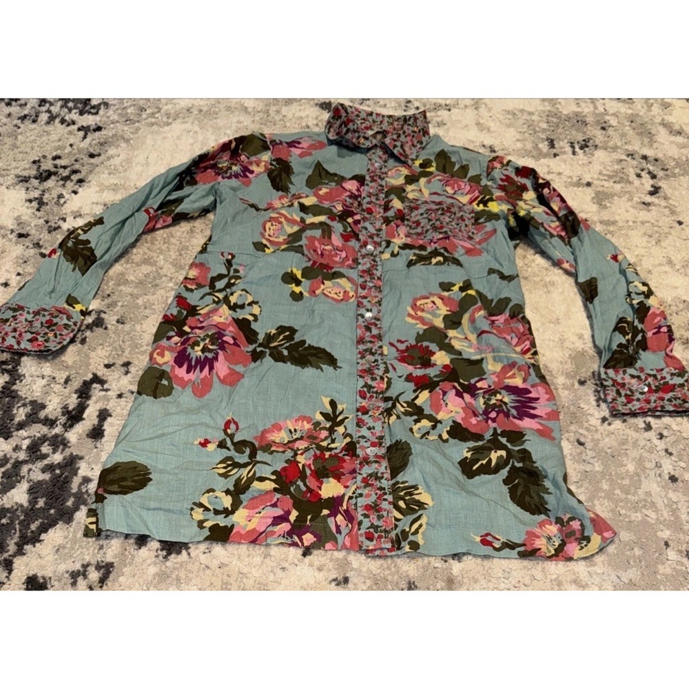 Soft Surroundings Floral Roses Button Down Long Tunic Shirt Sz Small